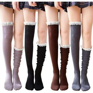 4 Pack Women Cotton Knit Boot Socks Knee High Socks Stockings with Lace Trim